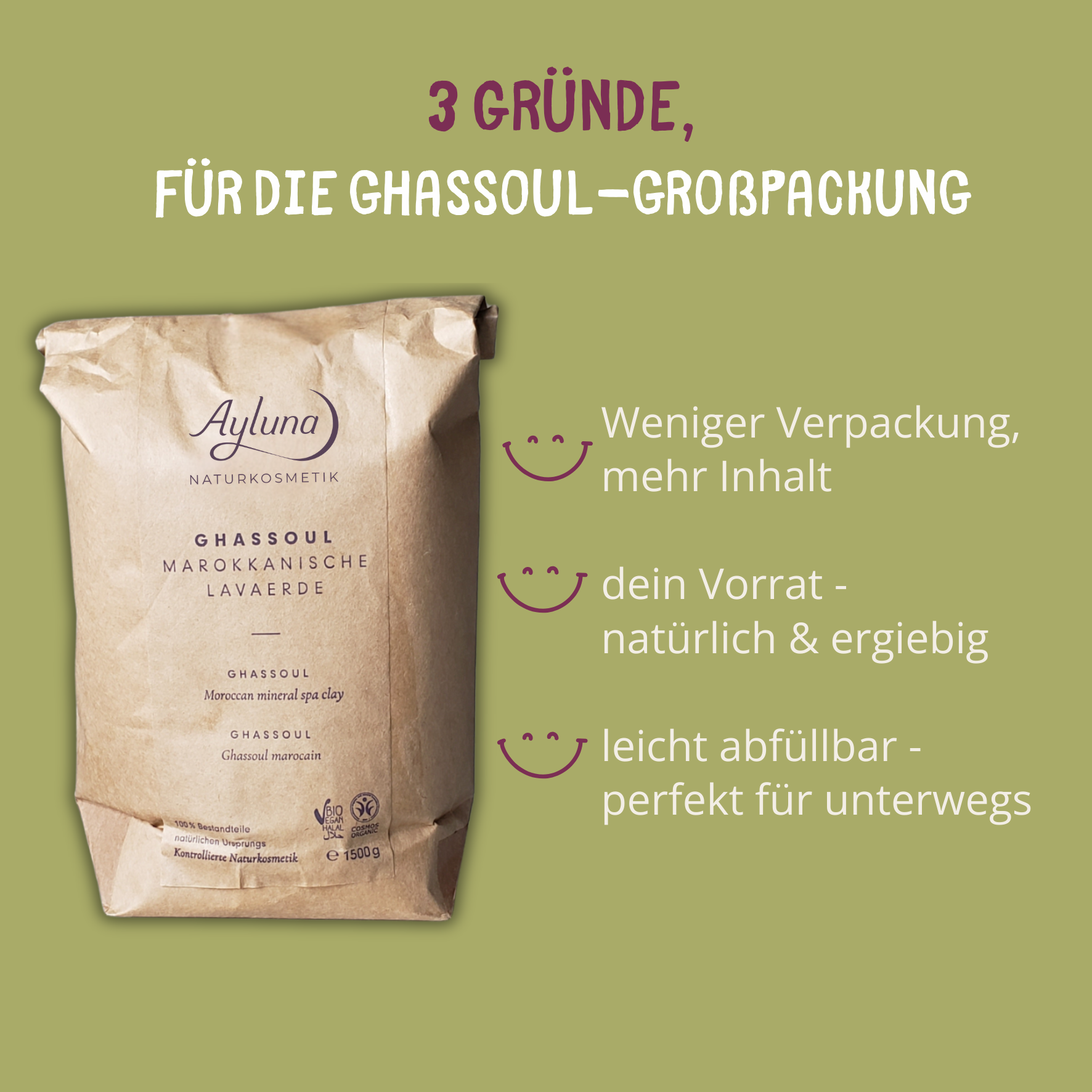 Weniger Verpackung, mehr Inhalt. Dein natürlicher und ergiebiger Vorrat. Leicht abfüllbar – perfekt für unterwegs.
